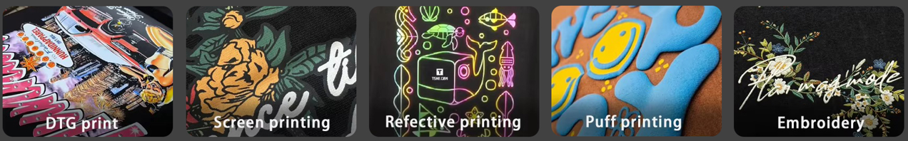 Custom print and embroidery samples - DTG print, screen printing, reflective print, puff print and embroidery