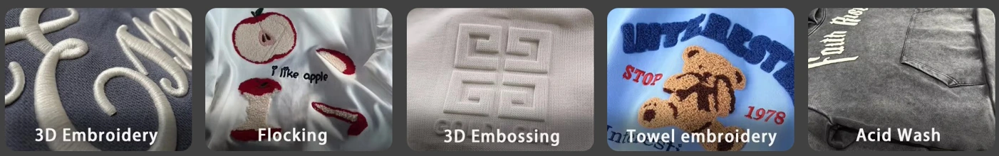 Garment decoration details - 3D embroidery, flocking, 3D embossing, towel embroidery and acid wash